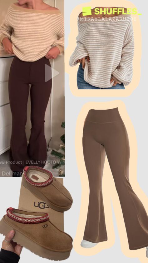 Brown Flare Leggings, Ugg Slippers Outfit, Flare Leggings Outfit, Slippers Outfit, Slippers Cute, Brown Flares, Brown Leggings, Flare Legging, Comfy Outfit