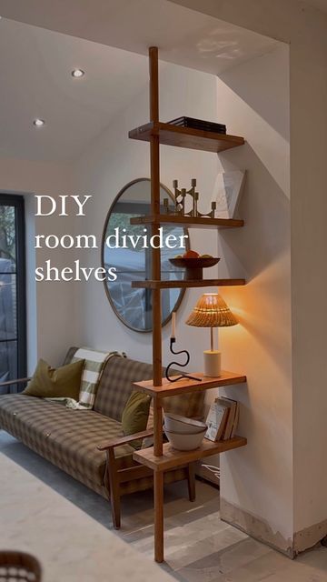 Diy Mcm Room Divider, Living Room Divider Shelves, Shelves As Room Divider, Living Room Divider Ideas Small Spaces, Stairs Divider, Shelf Wall Divider, Shelf Room Divider Ideas, Full Wall Shelf, Room Divider Shelf