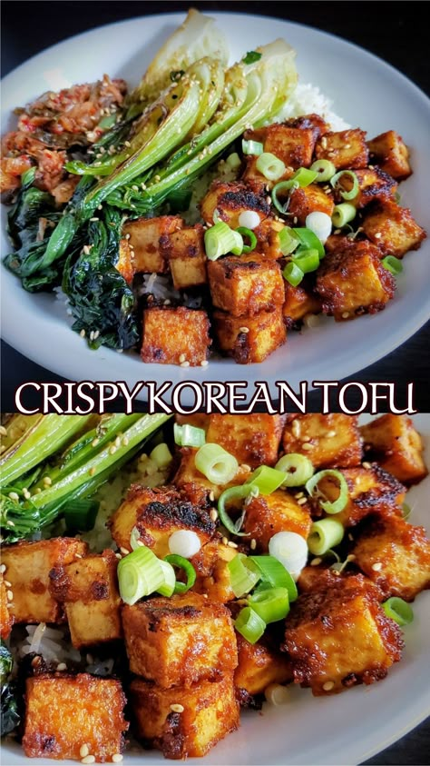 Mmmm this tasty Korean tofu is perfect when making up grain bowls. I served it over jasmine rice and accompanied by pan seared baby bok choy and vegan kimchee then sprinkled with sesame seeds and chopped scallions. Easy peasy and oh so delish. Asian Dinner Recipes Vegetarian, Korean Tofu Stir Fry, Tofu And Veggies Recipes, Korean Marinated Tofu, Bimbimbop Recipe Vegan, Sprouted Tofu Recipes, Dr Stacy Sims Recipes, Vegan Tofu Bokchoy, Crispy Korean Tofu