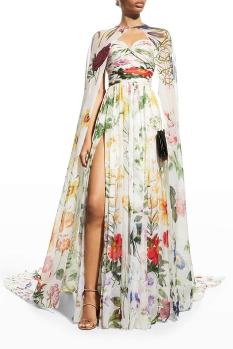 B73TD Oscar de la Renta Floral-Print Strapless Twist Chiffon Gown w/ Cape Designer Evening Gowns, Column Gown, Silk Gown, Women's Evening Dresses, Chiffon Gown, Lace Gown, Floral Chiffon, Guest Outfit, Ladies Dress Design