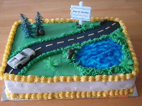 Driving Cake Sweet 16, Traffic Cake Ideas, Tractor Birthday Cakes, Road Cake, Sheet Cake Designs, Happy Anniversary Cakes, Birthday Sheet Cakes, Sweet 16 Birthday Cake, Driving Permit