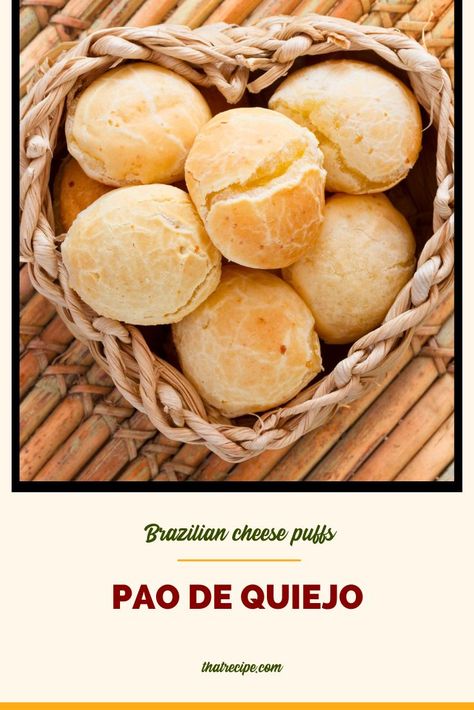 Craving for Brazilian Cheese Puffs but can't find a spot? Don't worry, we have the recipe! You just need tapioca flour, cheese, olive oil, an egg, and salt. Blend up, pour into a pan, bake, and voila! Your homemade Pao de Queijo is ready to enjoy.cheese bread | cheese puffs | easy bread | Brazilian recipes Simple Gluten Free Bread, Brazilian Bread, Brazilian Cheese Puffs, Brazilian Cheese Bread, Brazilian Recipes, Cheese Bread Recipe, Bread Cheese, Farmers Cheese, Cheese Puffs