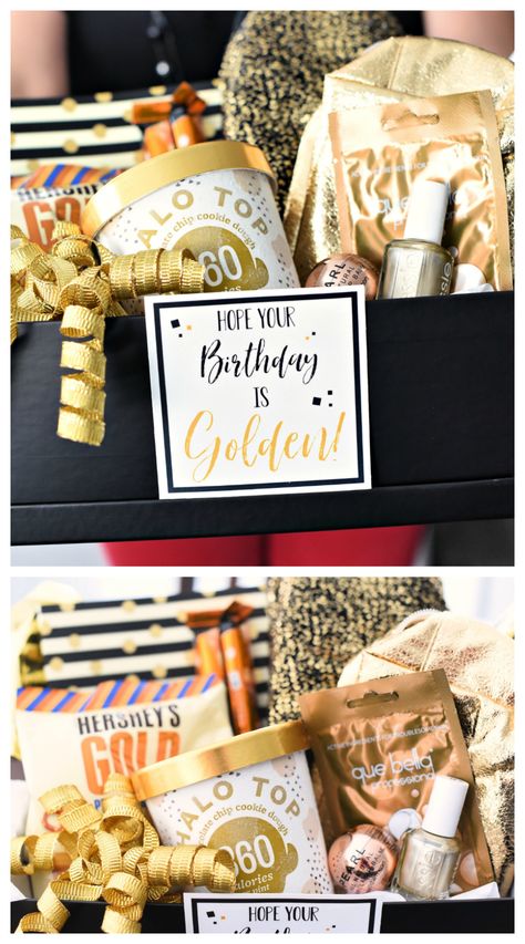 Golden Birthday Gift Idea-This cute gift basket is a perfect birthday gift for anyone and a super fun idea for a golden birthday. Just fill a basket or box with all things gold and add this cute tag. #birthdaygifts #birthdaygiftidea #birthday #birthdaygifts Gold Items For Gift Basket, Golden Birthday Gifts For Her, Golden Birthday Basket, Gold Gift Box Ideas, Gold Gift Basket Ideas, Ideas For Golden Birthday, Birthday Box Gift Ideas, Golden Birthday Gift Ideas, Gold Gift Basket