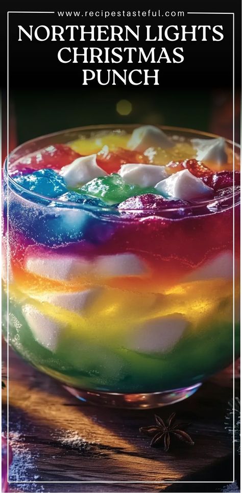 This festive punch is as vibrant as the Northern Lights, featuring a mesmerizing mix of blue, white, and red layers, complemented by refreshing lime sherbet and fizzy soda. It's perfect for holiday parties, family gatherings, and celebrating the season in style! Blue Frost Christmas Glow Punch, Christmas Punch Recipes With Sherbet, Northern Lights Drink Recipe, Northern Lights Christmas Punch, Northern Lights Glow Punch, Northern Lights Drink, New Year’s Eve Drink Ideas Kids, Snow Punch Recipe, Christmas Water Recipes