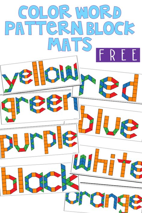 Your studets will love building and creating with these free color word pattern block mats.  Students build a word out of pattern blocks and then on a recording sheet, identify how many of each shape are included in the word.  A great way to tie in literacy and math.  Words perfect for a kindergarten or first grade math or literacy center activity. Pattern Centers Kindergarten, Fall Pattern Block Mats Free, Pattern Block Numbers Free Printable, Free Pattern Block Mats, Free Printable Pattern Block Mats, Pattern Books Kindergarten Writing, Think Sheet, Behavior Plans, Word Patterns