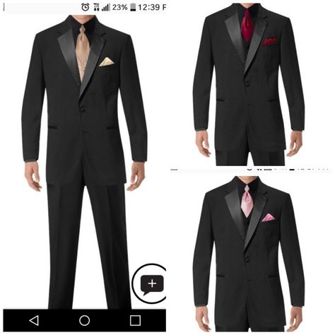 Groom in gold/champagne, bestman in wine, goomsman in rose. Only groom has colored vest. All others are black tux, vest and shirt only tie and pocket square colored. Black And Rose Gold Suit, Black Tux Black Shirt, Black Suit With Gold Tie, Black Tuxedo Black Shirt, Black Suit Champagne Tie, All Black Tux Prom, Gold And Rose Wedding, Black Suit Gold Tie, Black Tux Prom