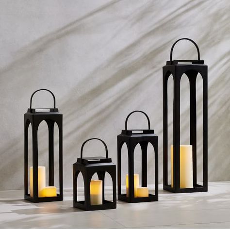 Outdoor Lanterns & String Lights | West Elm Fire Pit Lighting, Modern Lanterns, How To Make Decorations, Modern Candle Holders, Outdoor Lantern, Modern Candles, Glass Centerpieces, Candle Displays, Metal Lanterns