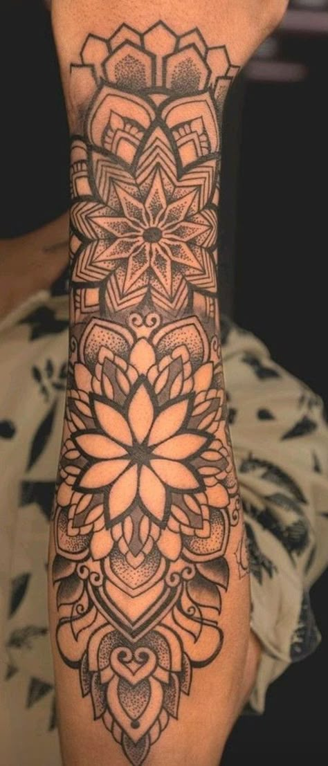 Black Traditional Tattoo Sleeve Women, Mandela Tattoo Sleeve Women, Womens Mandala Sleeve Tattoo, Inner Forearm Tattoo Sleeve, Mandala Sleeve Tattoos For Women, Floral Mandala Tattoo Sleeve Color, Half Mandala Tattoo Design Women Arm, Upper Arm Mandala Tattoos For Women, Forearm Tattoo Women Sleeve Mandala