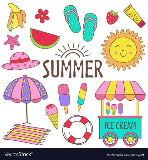 Fun Summer Drawings, Drawing Of Summer Season, Summer Clipart For Kids, How To Draw Summer, Summer Cartoon Drawings, Summer Theme Drawing, Summer Season Drawing For Kids, Summer Drawing For Kids, Summer Things To Draw