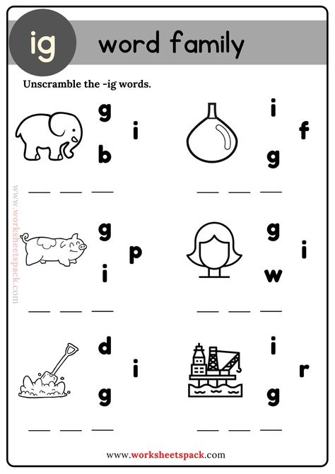 Ig Word Family Unscramble the Words - worksheetspack Ig Family Words Worksheet, Ig Word Family Worksheet, Ig Words Worksheet, Family Exercises, Ig Word Family, Words Worksheets For Kindergarten, Family Worksheets, Phonics Worksheets Free, Cvc Worksheets