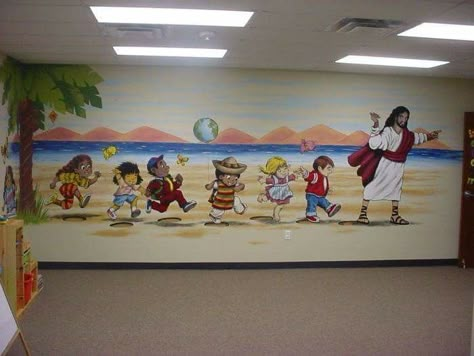 Church Mural, Space Wall Mural, Sunday School Classroom Decor, Wall Mural Ideas, Family Handprint, Handprint Tree, Wylie Texas, Church Nursery Decor, Tree Wall Mural