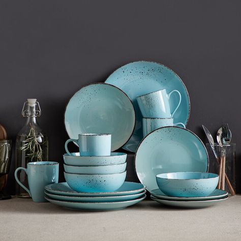 Millwood Pines Neal Stoneware Dinnerware - Set of 16 & Reviews | Wayfair Blue Dinnerware Sets Ceramic, Dinnerware Sets Unique Wood, Coastal Dinnerware Sets, Dining Sets Plates, Ceramic Table Setting, Rustic Dinnerware Sets, Dinnerware Sets Unique, Dishes Sets, Unique Dinnerware