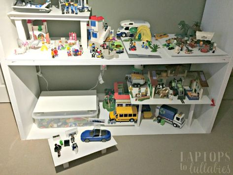 Playmobil storage shelves - Heather's Handmade Life Playmobil Storage Ideas, Play Table Diy, Ikea Childrens Desk, Playmobil Storage, Cheap Futons, Diy Lego Storage, Kids Craft Storage, Game Room Kids, Playmobil Toys