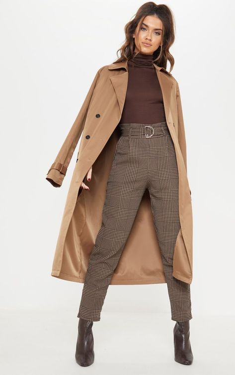 Brown Check D Ring Belted Pants | Pants | PrettyLittleThing USA Brown Chequered Trousers Outfit, Checked Trousers Outfit Winter, Check Trousers Outfit, Checked Trousers Outfit, Trousers Outfit Winter, Brown Trousers Outfit, Work Pants For Women, 6th Form Outfits, Form Outfits