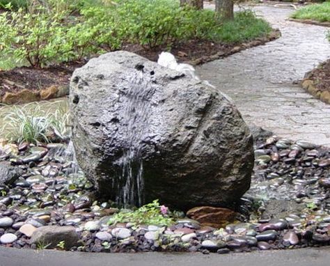 Bubbling Rock Water Feature, Backyard Landscaping Hot Tub, Landscaping Hot Tub, Bubbling Rock Fountain, Boulder Water Feature, Rock Water Feature, Backyard Waterfalls, Pondless Water Features, Exterior Landscaping