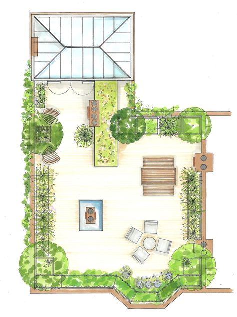 Roof Terrace Landscape Design, Terrace Garden Plan Layout, Roof Landscape Design Plan, Landscape Design Rooftop, Green Roof Terrace, Roof Garden Plan Design, Roof Garden Design Architecture, Terrace Design Plan, Terrace Gardening Ideas