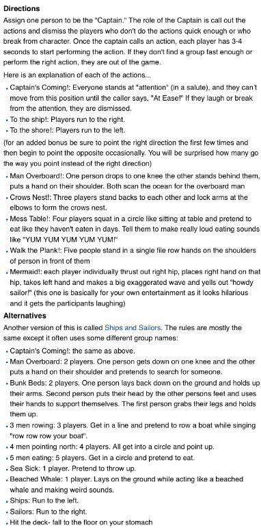 THEATRE GAMES: Ships and Sailors, or Hit The Deck. MY FAVORITE GAME. I call it Ships and Sailors, but I use sets of rules from both. It gets intense. My favorite rule that they left out is "Titanic!", in which one person spreads out their arms and another grabs their waist. That's always fun. Hit The Deck Game, Fun Lock In Games, Pirate Gym Games, Ships And Sailors Game Rules, Senior Assassin Game Rules, Lock In Activities, Ships And Sailors Game, Gym Games For Kids, Theatre Games