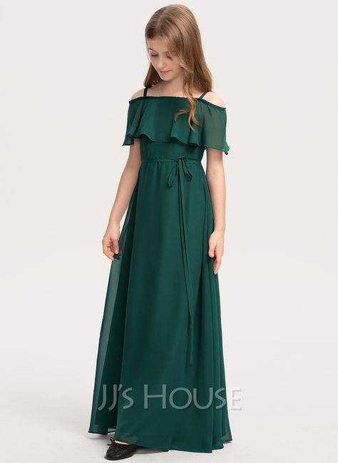 A-Line Off-the-Shoulder Floor-Length Chiffon Junior Bridesmaid Dress With Bow(s) (009208592) - JJ's House Junior Bridesmaid Dresses Green, Fall Junior Bridesmaid Dresses, Child Bridesmaid Dresses, Green Junior Bridesmaid Dresses, Teen Bridesmaid Dresses, Jr Bridesmaid Dresses, Presley Wedding, Young Bridesmaid Dresses, Green Flower Girl Dress