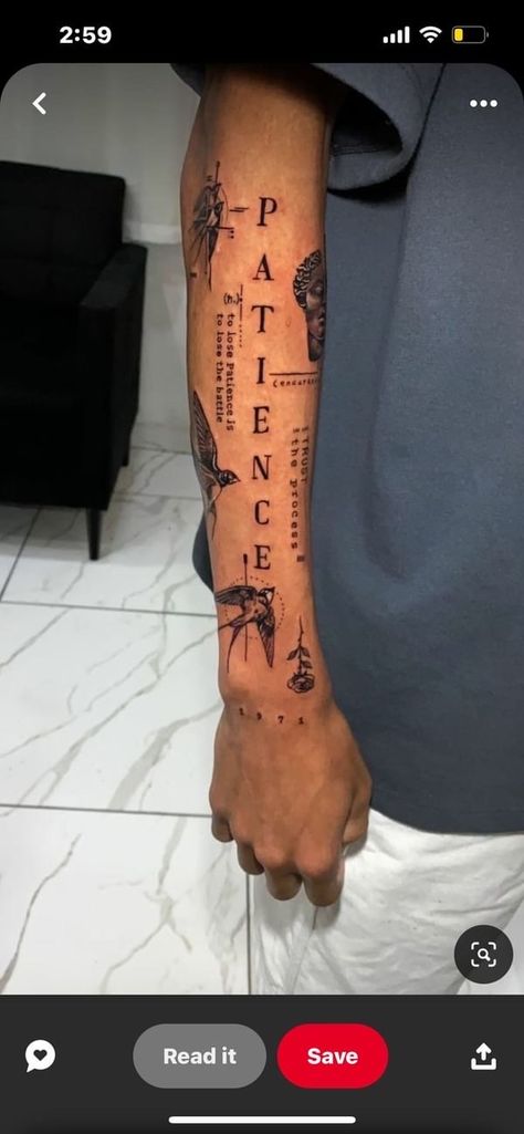 Patience Forearm Tattoo, Men Tattoos Arm Sleeve Simple, Id Ego Superego Tattoo, Back Of Forearm Tattoo Men Sleeve, Christian Hand Tattoos For Men, Determination Tattoo Ideas, Organized Chaos Tattoo, Guy Tattoos Ideas, Tattoo Forearm Mens