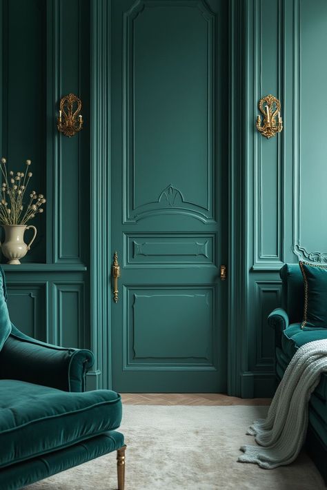 Stay ahead of the curve with 2025's hottest paint colors! These trendy shades will redefine home aesthetics and set the tone for the year. #TrendingColors2025 #PaintInspo #HomeStyle. Jade Paint Color Accent Walls, Tsunami Behr Paint, Sherwin Williams Parisian Patina, Blue And Green Interior Colour Palettes, Benjamin Moore North Sea Green, Benjamin Moore Beau Green, Colors That Go Well With Dark Green, Color Drenched Home Office, Emerald Green Painted Walls