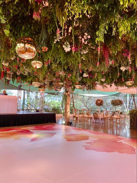 Colorful Dance Floor Wedding, Dance Floor Design Ideas, Tropical Dance Floor, Garden Dance Floor, Flower Dance Floor, Dance Floor Flowers, Wedding Dance Floor Design, Dance Floor Decor, Fairytale Prom