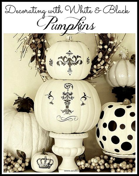 Decorating with non-traditional pumpkins for fall - Black and White Pumpkins Black And White Pumpkins, Craft Pumpkins, No Carve Pumpkin Decorating, Book Page Wreath, Traditional Pumpkin, Living Vintage, White Pumpkins, Halloween Wedding, Painted Pumpkins