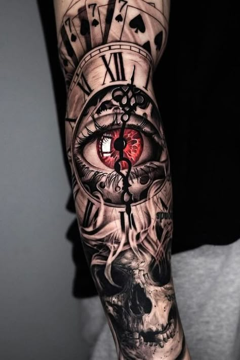 Full Hand Tattoo, Skull Sleeve Tattoos, Skull Sleeve, Clock Tattoo Design, Full Sleeve Tattoo Design, Men Tattoos Arm Sleeve, Full Arm Tattoos, Cool Arm Tattoos, Cool Forearm Tattoos