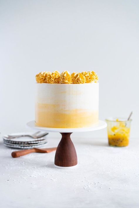 Vanilla Layer Cake, Passionfruit Curd, Cloudy Kitchen, Passion Fruit Cake, Tårta Design, Meringue Buttercream, Swiss Meringue Buttercream, Swiss Meringue, Golden Milk