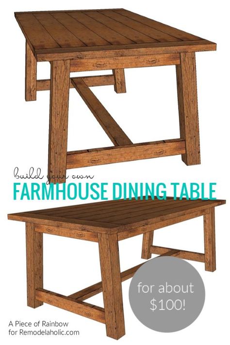 Build your own DIY farmhouse dining table for $100! This easy but stylish trestle base farmhouse table uses affordable 2x4, 4x4, and 2x6 lumber, and all you'll need is a miter saw and a pocket hole jig to build it. #remodelaholic #woodworkingplans #beginnerwoodworking #farmhousetable #farmhousefurniture #diyfarmhousefurniture Dining Table Blueprint, Simple Farmhouse Dining Table, Diy Table And Chairs, Diy Farmhouse Dining Table, Farmhouse Table Diy, 8 Person Dining Table, Dining Table Plans, Diy Dining Room Table, Modern Farmhouse Table