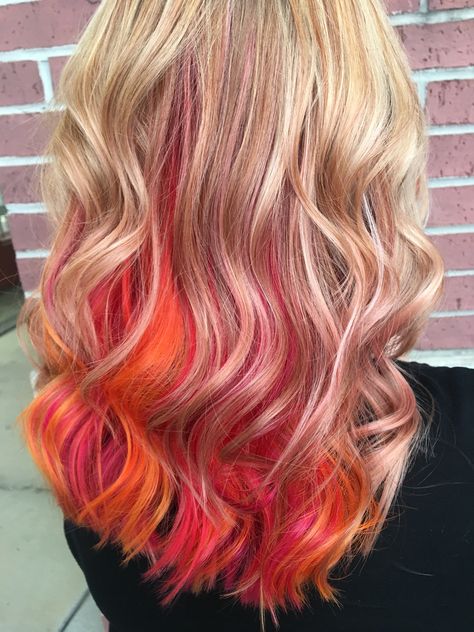 Lava sunset Sunset Hair Underneath, Sunset Highlights, Sunset Hair, Autumn Hair, Summer Acrylic, Dye Ideas, Boring Hair, Bright Hair, Summer Acrylic Nails