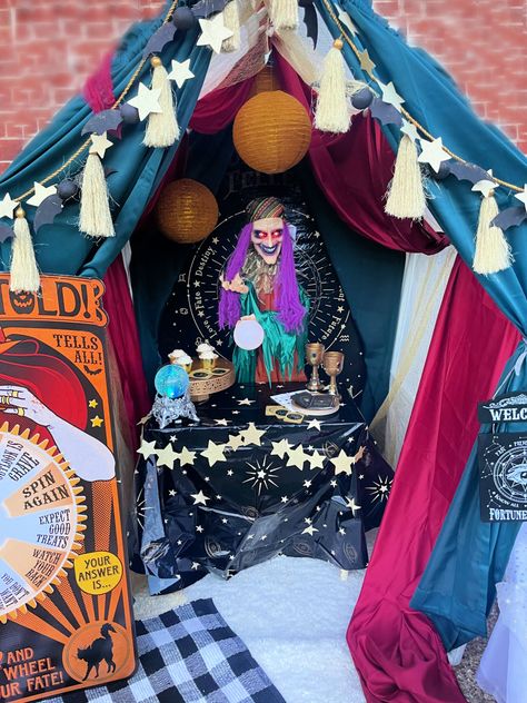 Fortune Teller Party Theme, Halloween Fortune Teller Booth, Fortune Teller Halloween Decorations, Fortune Teller Trunk Or Treat Ideas, Fortune Teller Decorations Ideas, Fortune Teller Trunk Or Treat, Fortune Teller Booth, Fortune Teller Halloween, Halloween Car Decorations