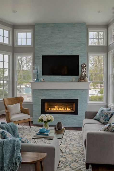 coastal living room decor,coastal fireplace design,cozy living room decor,fireplace decor ideas,home decor fireplace,beach house decor ideas,fireplace design ideas Modern Coastal Fireplace Ideas, Beachy Fireplace, Modern Beach Living Room, Coastal Fireplace Ideas, Beach House Fireplace, Cozy Coastal Living Room, Cute Rooms, Beachy Living Room, Coastal Fireplace