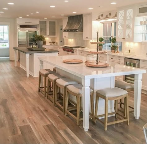 Long Island With Table Attached, Double Island Kitchen Layout Side By Side, Double Island With Seating, Super Long Kitchen Island, Kitchen Island With 8 Seats, Side By Side Kitchen Islands, Kitchen Layout Ideas With Double Island, Kitchen Island With Chairs On Both Sides, 2 Islands In Kitchen