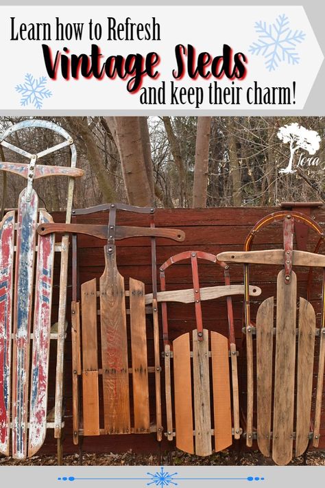 Expert tips for how to refresh vintage runner sleds so you can use them for your wintertime home decor. Decorating With Sleds For Christmas, Decorate Old Sled For Christmas, Decorate Sled For Christmas Porch Ideas, Old Sled Decor, Porch Sled Decoration, Christmas Decorations Using Old Sleds, Decorating Old Sleds, Vintage Sled Porch Decor, Vintage Sleds Christmas