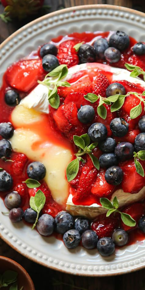 Baked Brie with Honey-Lemon Cooked Strawberries and Fresh Blueberries on a plate Blueberry Baked Brie, Brie Baked, Julia's Album, Brie Cheese Recipes, Melted Brie, Baked Brie Recipes, Spring Appetizers, Brie Appetizer, Brie Recipes