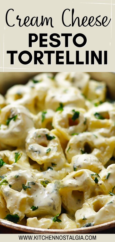 This Cream Cheese Pesto Pasta dish only requires three ingredients and will be on your table in just about five minutes! The creamy pesto sauce pairs perfectly with the pasta, and makes for a delicious and easy meal. This dish is perfect for a quick and easy weeknight meal. Cream Cheese Pesto Pasta, Cheese Pesto Pasta, Recipes Using Pesto, Easy Tortellini Recipes, Pesto Pasta Dishes, Cheese Tortellini Recipes, Pesto Dishes, Healthy Cream Cheese, Kitchen Nostalgia