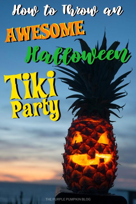 If you are looking for a fun and different Halloween party theme, then why not a Halloween Tiki Party? Take a classic Hawaiian theme and give it a spooky twist with skeletons, pineapple Jack-o'-Lanterns, tropical cocktails and party food, Hawaiian shirts, grass skirts, and tiki statues! This guide has all you need to throw an awesome Hawaiian Tiki party for Halloween! #HalloweenTikiParty #HalloweenLuau #ThePurplePumpkinBlog #HalloweenPartyIdeas #Luau #Tiki Pineapple Jack O Lantern, Outdoor Luau Decorations, Creepy Tiki Party, Villain Halloween Party, Tropical Halloween Decor, Spooky Luau, Haunted Luau, Summer Halloween Party, Tiki Party Food