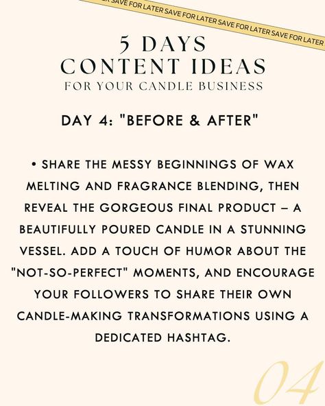 5-day content calendar for our makers! ㅤ Here's a quick taste of some simple but powerful ideas to get you started. Remember, adapt these for your brand's style and what resonates with your customers. ㅤ Which idea is your favorite? Tell us below! ㅤ #candlecontent #contentstrategytip #candleinspirations #socialmediatipsforbusinessowner #candlebusinessowners #candlemakerusa #candleshops #candleowners #candlemakerslife Candle Content Ideas, Candle Content, Honey Candle, Candle Fragrance, Content Calendar, Candle Maker, Candle Business, Content Calendars, Content Ideas