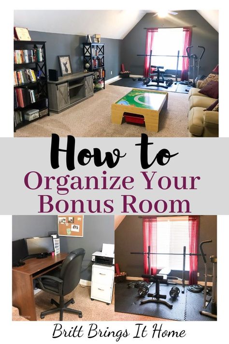 Read for tips and inspiration for organizing your bonus room to get the most out of it! via @Britt Brings It Home Diy Bonus Room Ideas, Bonus Room Multipurpose, Bonus Room Workout Room, Attic Hobby Room, Home Gym Multipurpose Room, Bonus Room Gym Ideas, Bonus Room Organization, Multipurpose Bonus Room, Over The Garage Bonus Room Ideas