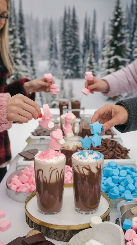 20 Winter Gender Reveal Ideas for Your Special Day Igloo Gender Reveal, Edible Gender Reveal Ideas, Smores Theme Gender Reveal, Simple Gender Reveal Picture Ideas, Hot Chocolate Bar Gender Reveal, Penguin Themed Gender Reveal, Gender Reveal Party Theme Winter, Gender Reveal Ideas For March, Hot Cocoa Gender Reveal