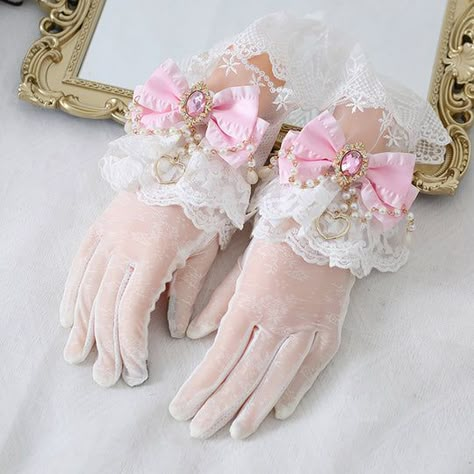 Fantasy Academy, Fancy Gloves, Elegant Gloves, Pink Gloves, Hime Gyaru, Pearl Bow, Classic Lolita, Bow Bracelet, Hand Accessories