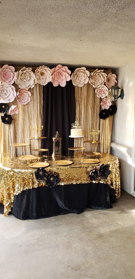 Cake Table Ideas Birthday Women, Black And Gold Buffet Table Ideas, 50th Anniversary Table Decorations Black And Gold, Buffet Table Backdrop Ideas, Pink Black And Gold Sweet 16 Party Ideas, Black And Gold Tea Party, Black And Gold Food Table Decorations, Gold And Black Candy Table, Black And Gold Cake Table