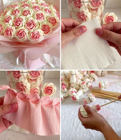 Easy Crepe Paper Flower Craft | flower, crêpe paper, bouquet, craft | DIY Crepe Paper Flowers Bouquet | By Quilling Made Easy | Everyone, welcome to our Facebook page. In this video we are going to make this beautiful rose flower. We are going to use two different colour of creep paper here. You can also make it using tissue paper. First we are folding this white creep paper. So hold it from one portion and start twisting it like we are doing here. If you don't have creep paper you can also make Crepe Paper Flowers Bouquet, Paper Bouquet Diy, Paper Flower Bouquet Diy, Paper Flowers Bouquet, Paper Roses Diy, Crepe Paper Crafts, Crepe Paper Flowers Diy, Crepe Paper Flower, Crepe Paper Roses