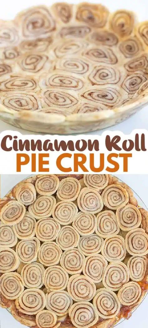 Cinnamon Roll Crust - This Cinnamon Roll Pie Crust is made with a classic pie crust that's been coated with cinnamon and sugar and rolled up like a cinnamon roll. Slice and press into a pie plate to create some delicious and beautiful swirled pie crusts! #cookiedoughandovenmitt #piecrust #recipes #dessertrecipes Cinnamon Roll Pie Filling, Crescent Roll Pie Crust, Snickerdoodle Pie Crust, Cinnamon Rolls With Pie Crust, Gram Cracker Crust Recipe, Cinnamon Roll Pie Cracker Barrel, Cinnamon Rolls Pie, Sugar Cookie Pie Crust, Apple Pie Recipe Cinnamon Roll Crust