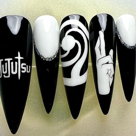 Gojo Satoru Nails Art, Jujutsu Kaisen Symbol, Gojo Satoru Nails, Gojo Nails, Black White Design, Anime Nails, Happy Nails, Gojo Satoru, Black And White Design