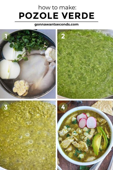 *NEW* This hearty, comforting, authentic Pozole Verde is loaded with chiles, aromatics, chunks of chicken, and hominy all swimming in a homemade chicken broth. #chickensoup #mexicanrecipes #chickenstew #pozole Authentic Pozole, Pozole Verde Recipe, Chicken Pozole Recipe, Green Pozole, Johnny Marzetti, Chicken Pozole, Homemade Chicken Broth, Pozole Verde, Canned Hominy