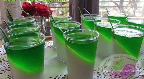 Buko Pandan Gelatin Dessert Recipe | Filipino Dessert Recipes by PingDesserts.com Buko Pandan Recipe, Pandan Jelly, Buko Pandan, Filipino Dessert Recipes, Jelly Shots, Filipino Dessert, Jelly Desserts, Gelatin Recipes, Gelatin Dessert