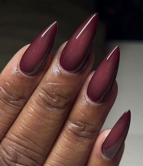 Dark Nails Almond Shape, Dark Lilac Nails, Dark Red Square Nails, November Nails Almond, Cnd Nail Polish, Fall Nail Inspo, Dark Red Nails, Maroon Nails, Lilac Nails