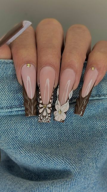 Glass French Tip Nails, Brown French Tip, Tip Nail Designs, Brown French, French Tip Nail Designs, Nail Art For Beginners, Tip Nails, Unique Acrylic Nails, Glass Nails