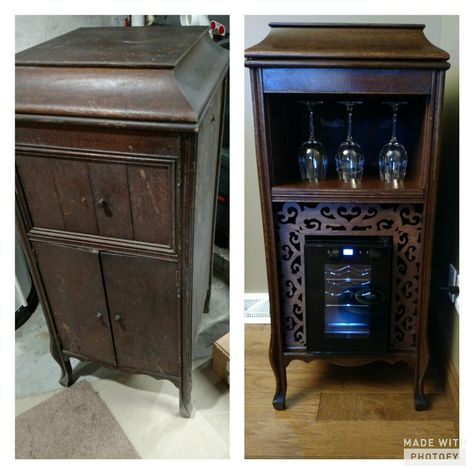 Repurposed Columbia Grafonola  (Phonograph) into a wine chest. Old Phonograph Cabinet Repurposed, Victrola Cabinet Repurposed, Vintage Radio Cabinet, Furniture Restoration Ideas, Drink Cabinet, Furniture Flipping Ideas, Before And After Furniture, Record Player Cabinet, Furniture Remodel